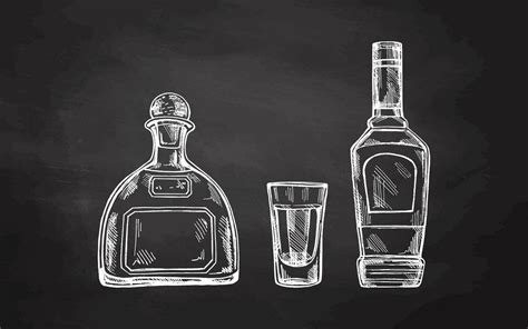 Hand Drawn Bottles Of Tequila And Shot Glass With Tequila On Chalkboard