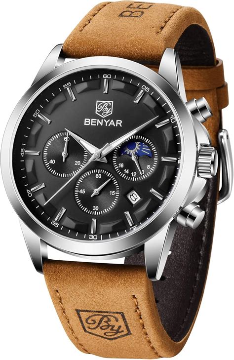 Benyar Herrenuhr Braun Leder Strap Chronograph Quarz Uhr Männer Datum