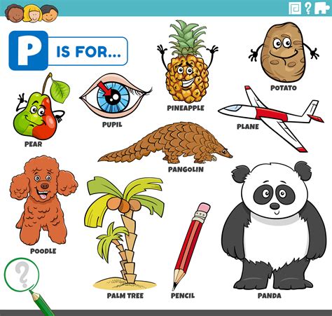 Letter P Words Educational Set With Cartoon Characters 11977213 Vector