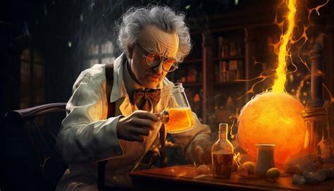 Premium AI Image A Mad Scientist Drinking A Orange Glowing Liquid In