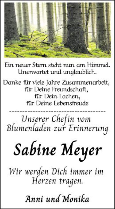 Traueranzeigen Von Sabine Meyer Trauerportal Ihrer Tageszeitung