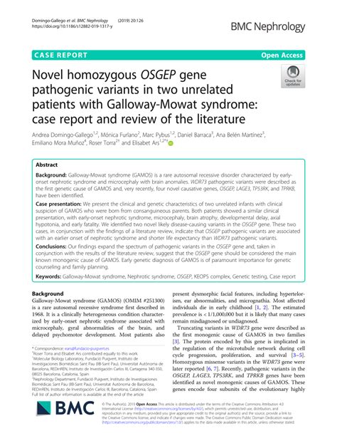 PDF Novel Homozygous OSGEP Gene Pathogenic Variants In Two Unrelated