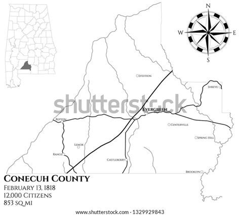 Large Detailed Map Conecuh County Alabama เวกเตอร์สต็อก ปลอดค่าลิขสิทธิ์ 1329929843