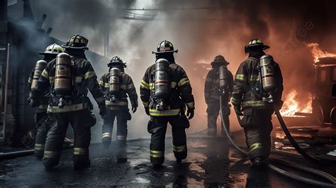 Firefighters Standing Close To A Fire And Oil Smoke Background, Firemen ...
