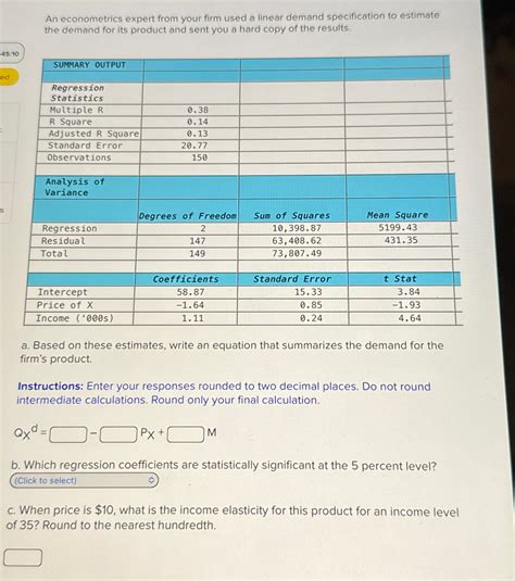 Solved An econometrics expert from your firm used a linear | Chegg.com