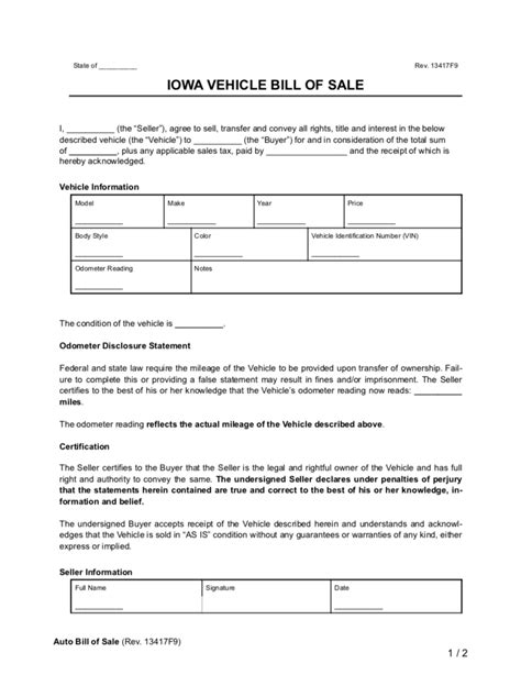 Iowa Bill Of Sale Printable