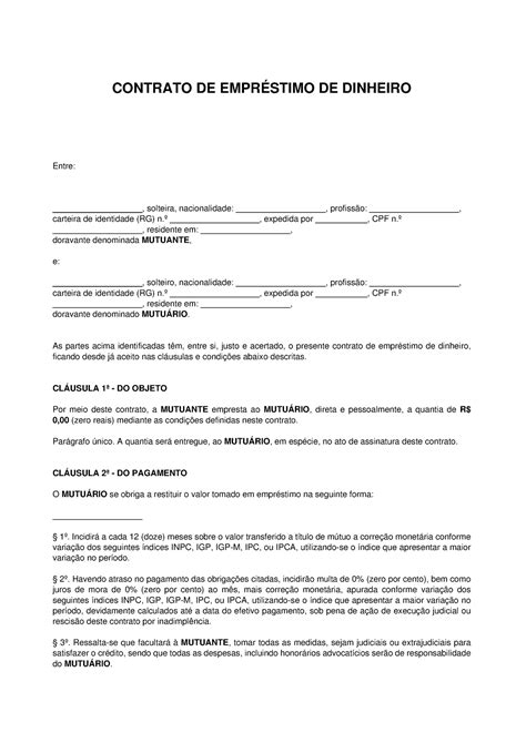 Contrato Empréstimo De Dinheiro Contrato De EmprÉstimo De Dinheiro Entre