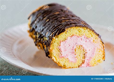 Vanilla Log Cake Rolled With Strawberry Mouse Stock Photo Image Of