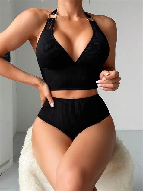 Ring Linked Halter Bikini Swimsuit SHEIN USA