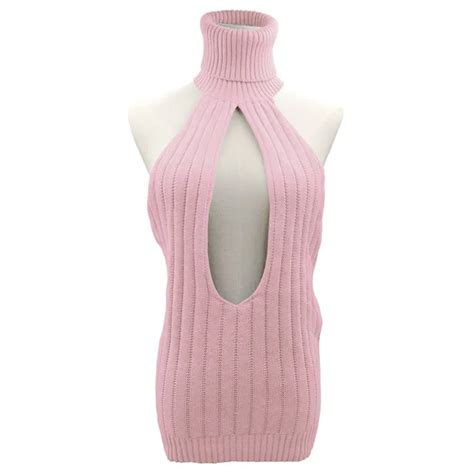 Fashion Sexy Women Backless Virgin Killer Sweater Turtleneck Open