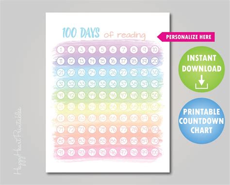 100 Day Countdown Printable 100 Days Chart Etsy