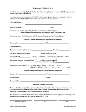 Fillable Online Employment Verification Form Pdf Town Of Easton Fax