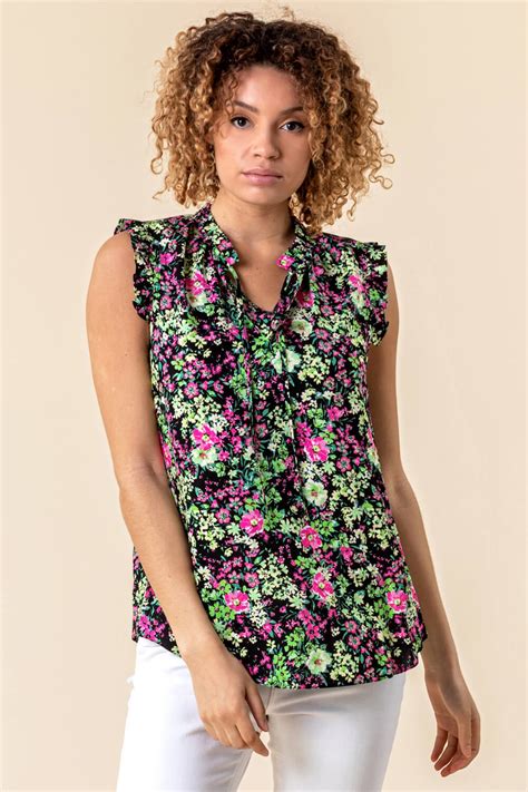 Frill Detail Floral Print Top In Pink Roman Originals UK