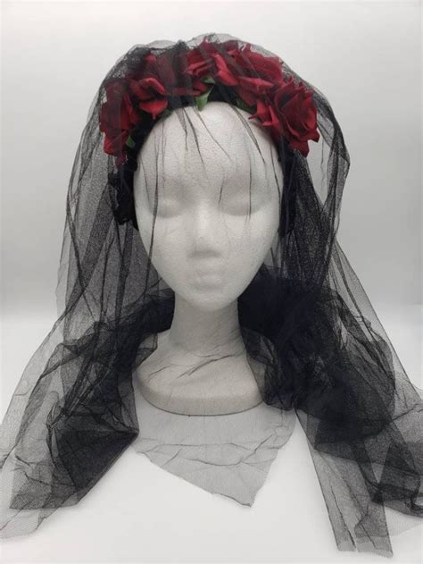 Headpiece With Red Roses And Black Veil Black Lace Wedding Skull