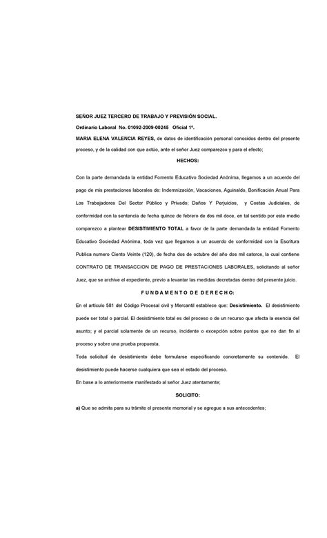 Desistimiento Total Tehlma Se Or Juez Tercero De Trabajo Y Previsi N