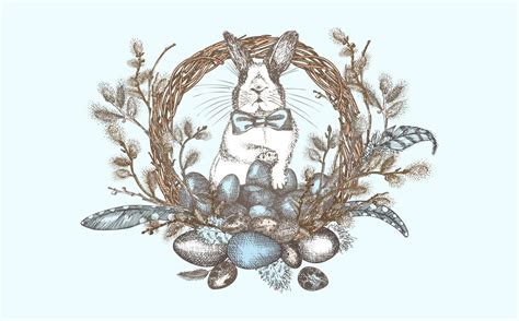 Bunny Pussy Willow Branches And Easter Eggs Wreath Birds Feathers Engraved Vintage Style