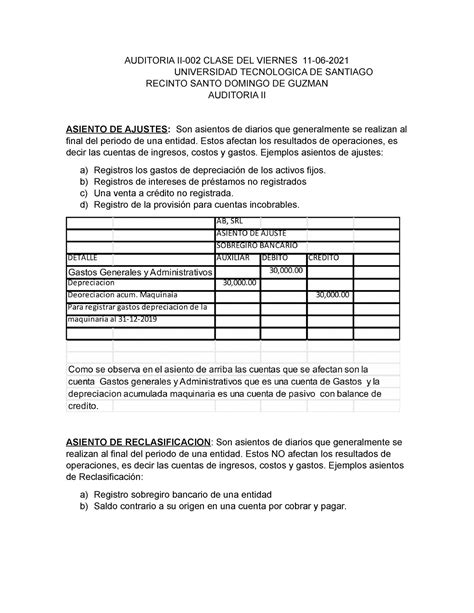 Asiento DE Ajustes Y Reclasificacion Clase 01 06 2022 AUDITORIA II