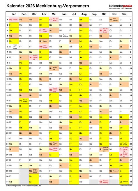 Kalender 2026 Mecklenburg Vorpommern Ferien Feiertage PDF Vorlagen