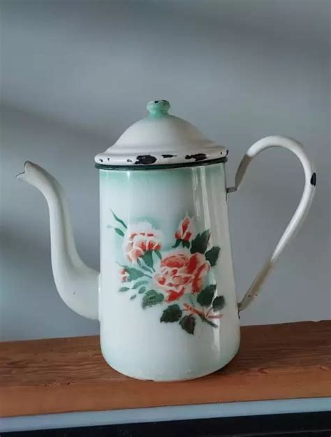 ANCIENNE CAFETIÈRE ÉMAILLÉE blanche et vert dégradé décor floral EUR