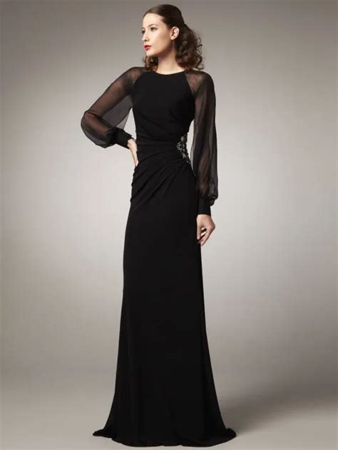 Buy Elegant Chiffon Long Sleeve Evening Dresses Party Gowns Black Simple For