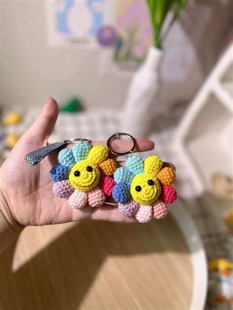 Handmade Crochet Cute Rainbow Flower Face Key Chain Bag Hanging