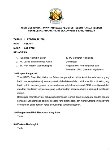 Tender Contoh Sebut Harga Simple Minit Mesyuarat Pemutus Sebutharga Sk Convent Membalik Buku