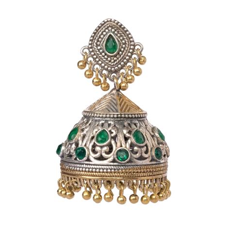 Buy Indya Earthen BY INDYA Dual Tone Green Petal Stone Jhumka Earrings