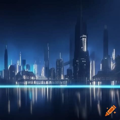 Futuristic City Skyline With Flying Cars And Robots