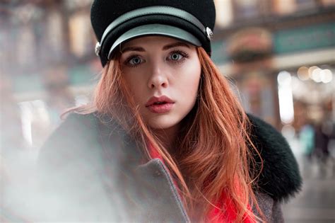 Depth Of Field Berets Red Lipstick Women Outdoors Long Hair Face