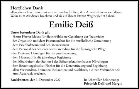 Traueranzeigen von Emilie Deiß Augsburger Allgemeine Zeitung