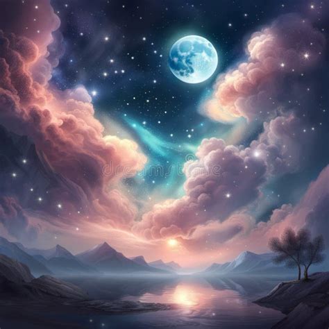 Ai Illustration Of A Beautiful Nightscape View Of A Rising Full Moon In