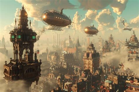 Premium Photo | Steampunk cityscape with airships soaring through