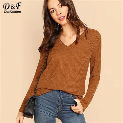 Dotfashion Brown V Neck Solid Long Sleeve Tee Shirt Women 2019 Autumn