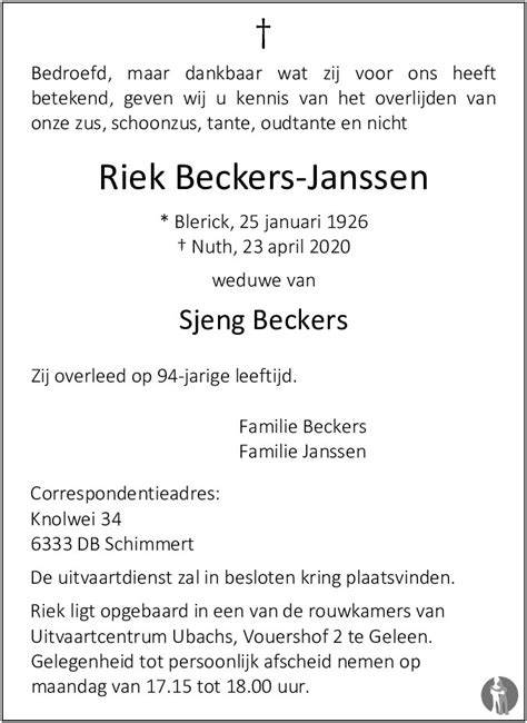 Riek Beckers Janssen 23 04 2020 Overlijdensbericht En Condoleances