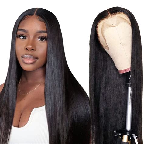 Echthaar Per Cke Human Hair Middle Lace Front Wig Straight Smooth