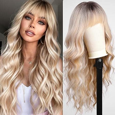 Amazon Honygebia Long Blonde Wig With Bangs Ombre Dark Root