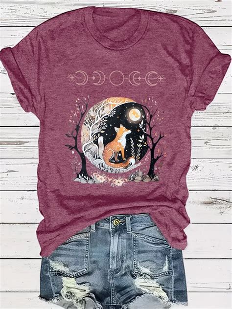 Moon Fox Print Crew Neck T Shirt Casual Short Sleeve T Shirt Temu