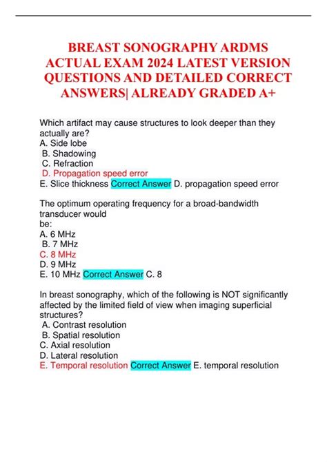 BREAST SONOGRAPHY ARDMS ACTUAL EXAM 2024 LATEST VERSION QUESTIONS AND