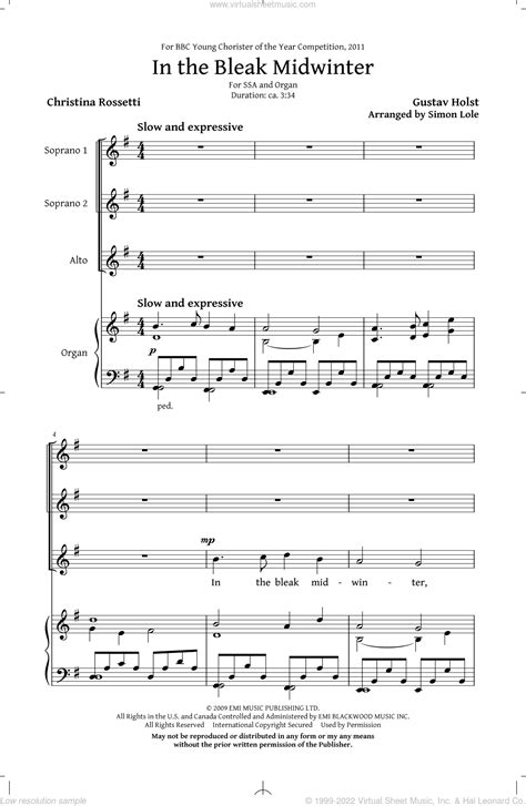 Gustav Holst In The Bleak Midwinter Sheet Music For Choir Ssa