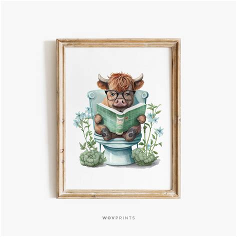 Cute Scottish Highland Cow In Bathroom Funny Bathroom Print Bathroom