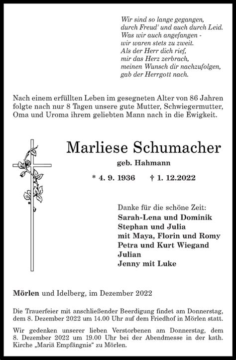 Traueranzeigen Von Marliese Schumacher Rz Trauer De