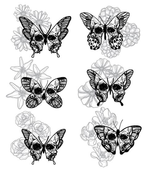 Tatouage Art Set Papillon Croquis Noir Et Blanc Vecteur Premium