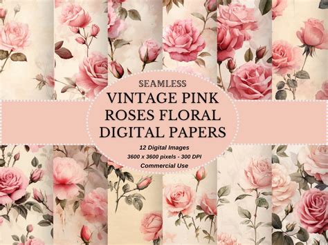 Vintage Inspired Watercolor Pink Roses Digital Paper Seamless Shabby