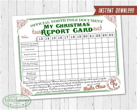 Christmas Report Card Digital Download Childs Report Etsy