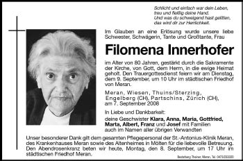 Traueranzeigen Von Filomena Innerhofer Trauer Bz