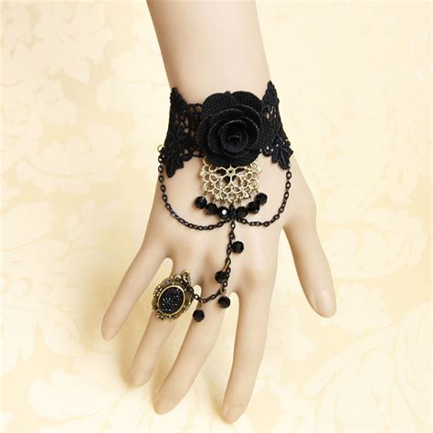 Victorian Gothic Black Floral Lace Wristband Rose Bracelet With Ring J