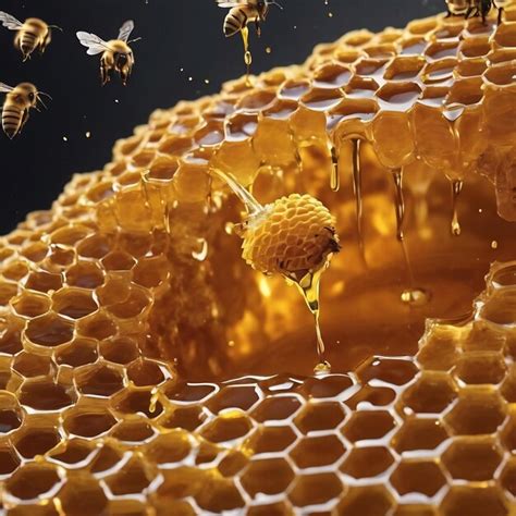 Premium Ai Image Drop Of Bee Honey Drip From Hexagonal Honeycombs