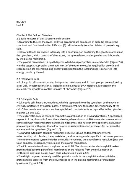 BIOL204 Unit 1 Summary BIOL Unit 1 Chapter 2 The Cell An Overview