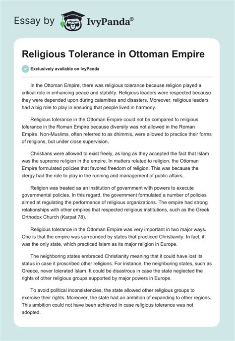 Religious Tolerance in Ottoman Empire - 1398 Words | Essay Example