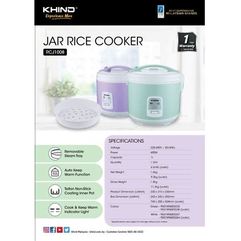 KHIND Jar Rice Cooker 1 8L RCJ188 1 0L RCJ1008 Purple Green